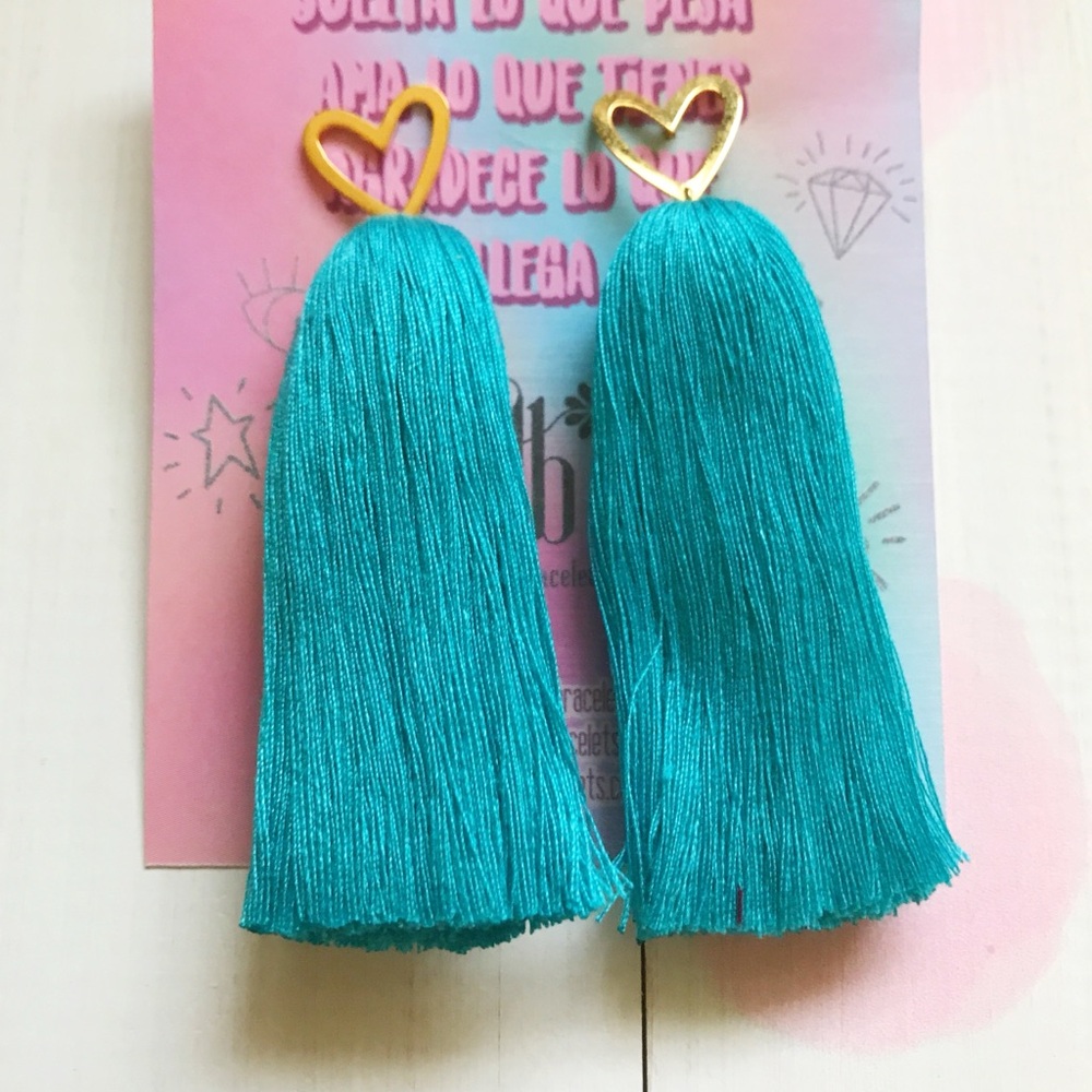 Teal Tassel Earrings with Gold Heart